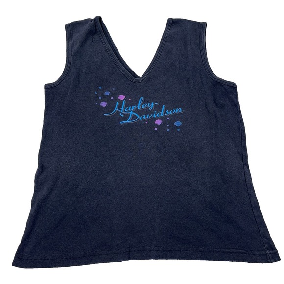 Harley-Davidson Tops - Vintage Y2K Harley Davidson Shirt Women Large Black Tank Top V Neck Faded Tattoo